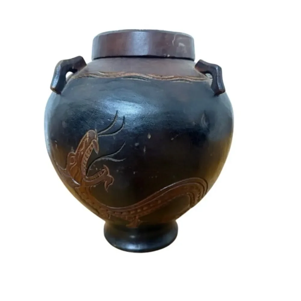 Large Oriental Wood Jar w/ Lid Rice Jar Carved Dragon 4 Carved Strap Handles